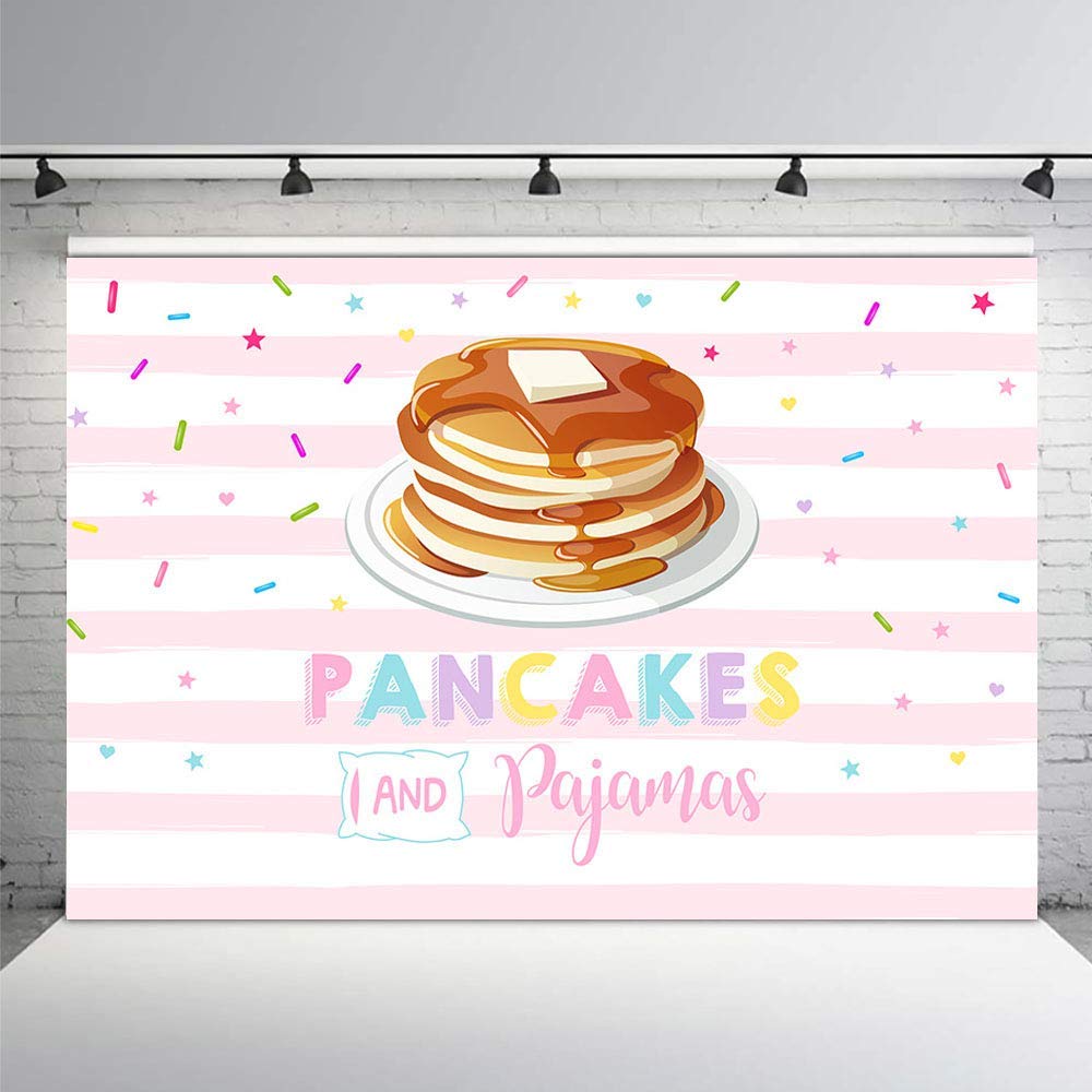 Photo 1 of MEHOFOTO 7x5ft Sweet Pancakes and Pajamas Birthday Party Backdrops for Girls Pink Stripes Confetti Colorful Stars Photography Background Slumber Party Decoration Photo Banner Props