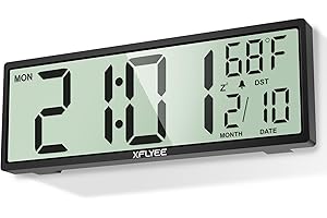Xflyee 14.5'' Large Digital Wall Clock Battery Operated with Jumbo Numbers, Auto DST, Day, Date, Alarm, Temperature for Livin