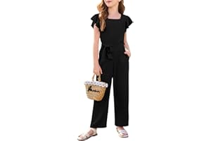 Haloumoning Girls Jumpsuit Kids Fashion Square Neck Ruffle Sleeve Belted Wide Leg Romper with Pockets