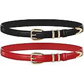 Belle Poque 2 Pack Women Skinny Leather Belts Fashion Ladies Thin Waist Belt with Gold Buckle for Jeans Pants Dresses
