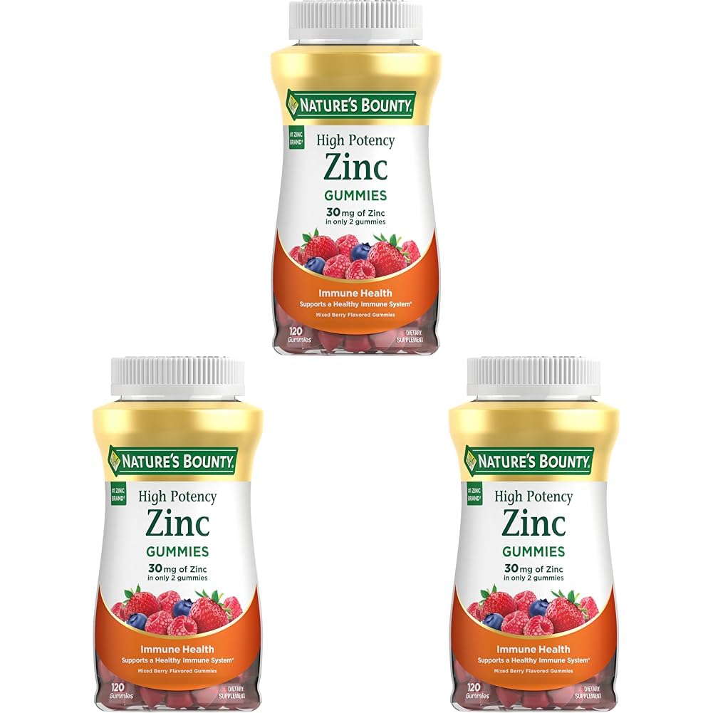Nature’s Bounty Zinc Gummies, Immune Support Gummies, Supports Skin & Antioxidant Health, Mixed Berry, 30mg, 120 Count (Pack of 3) Image