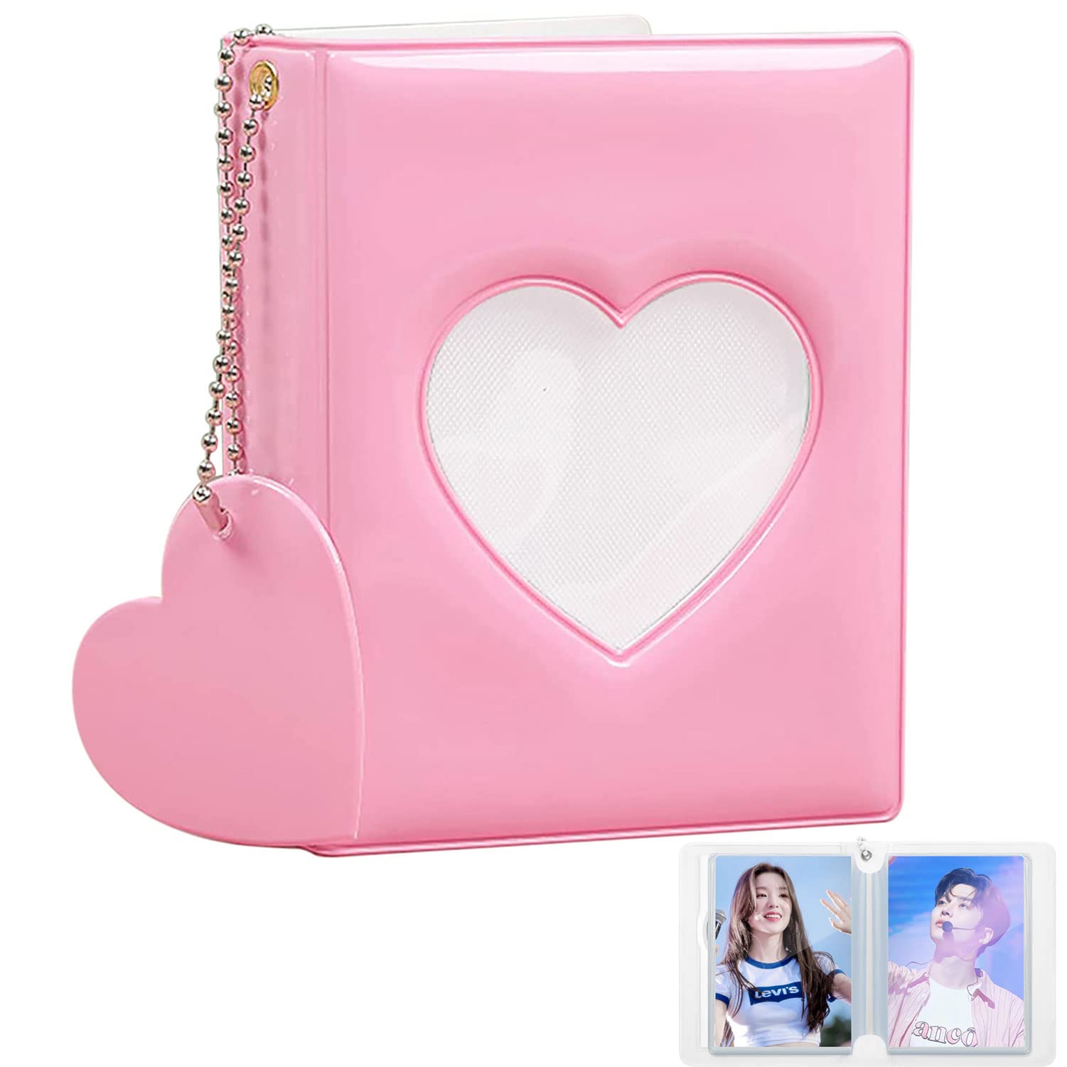 3 Inch Photocard Holder, Kpop Photocard Binder Mini Photo Kpop Album, Love Heart Hollow Portable Photo Card Binder Collector Book with Love Heart Pendant (32 Pockets, Pink)