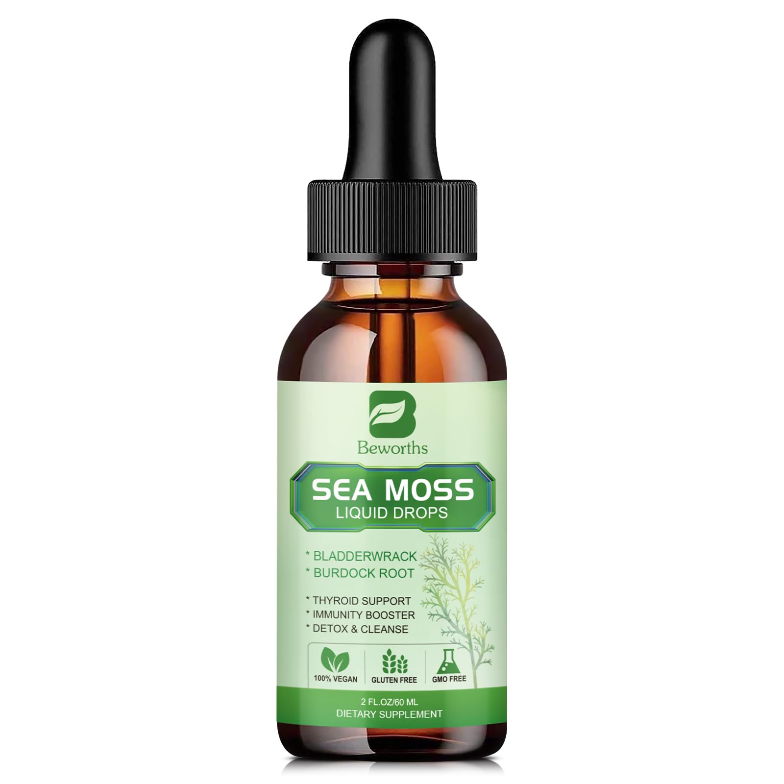 B BEWORTHS Sea Moss Liquid Drops - Organic Irish Sea Moss Gel with Spirulina, Bladderwrack, Burdock Root, Seamoss Gel Supplement for Joint, Detox Cleanse & Digestion Support - 2 Fl Oz, Vegan