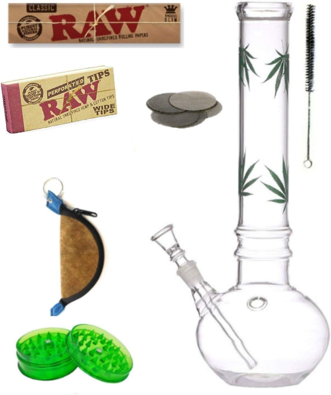 Outontrip Perfect Bong & Accessories combo of 12 Inch Glass Bong with Ice Chamber & leaf stickers also many required accessories includes.