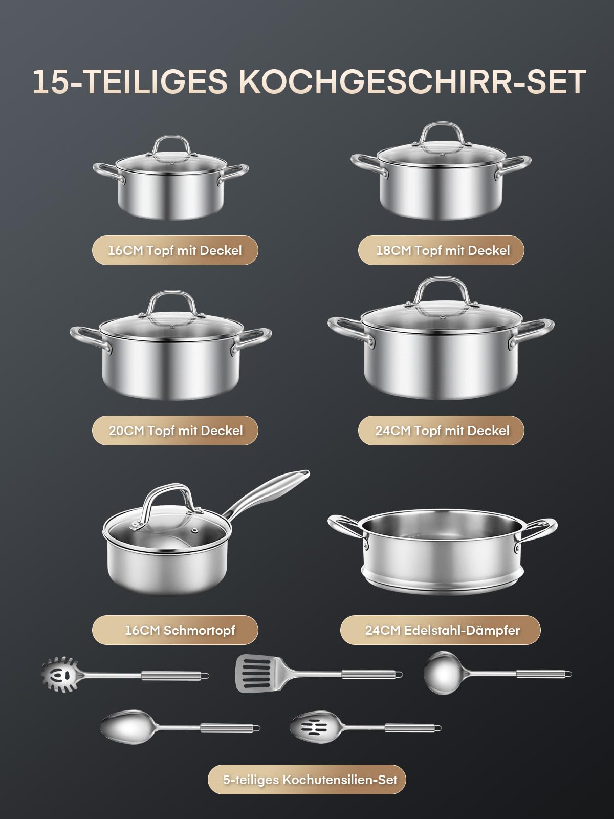 Topfset Edelstahl 3-PLY, 15-tlg Premium Induktions Töpfe Set Induktionsgeeignet für alle Herdarten, mit Dünsteinsatz & 5-Teilig exklusivem Löffelzubehör, unbeschichtet, für Camping und Wohnung 2
