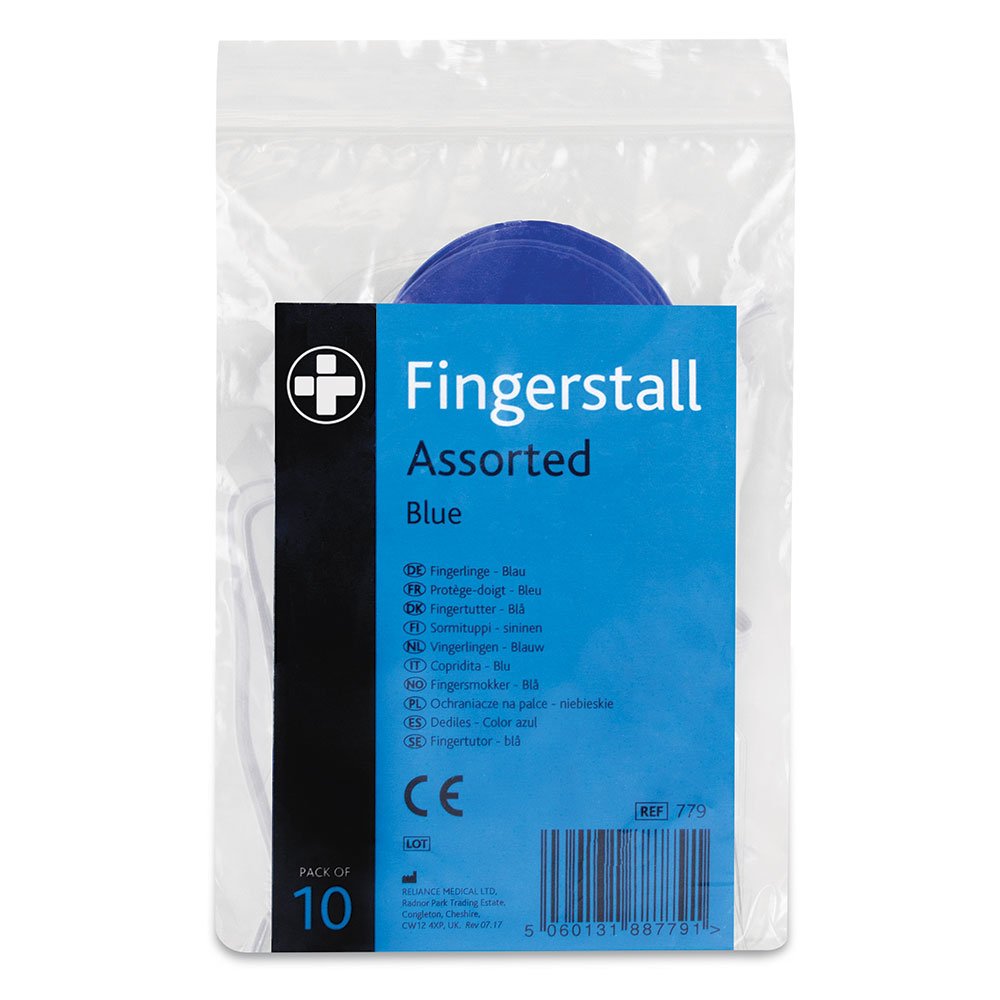 Reliance Medical Finger Stall Bandage - Keeps Dressings Clean and Dry, Ideal for Food Use, Assorted Sizes, Blue Pack of 10