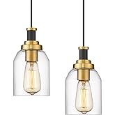 zeyu Modern Hanging Pendant Lights 2 Pack, Kitchen Pendant Lighting with Clear Glass Shade, Black and Gold Finish, ZG33M1L-2 