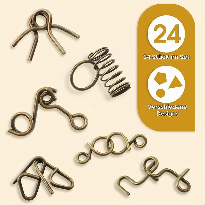 24 Stück knobelspiele für Kinder, Jugendliche und Erwachsene – Lernspielzeug aus Metall und Holz, 3D-Steckspiele für IQ und Logik mit herausfordernden Aufgaben