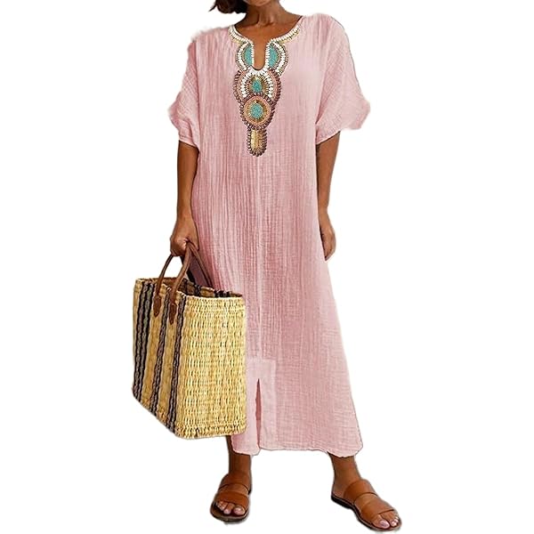 Women's Maxi Casual African Embroidered Cotton Linen Dress, Short Sleeve  Modest Tunic Dress Loose Long Beach Vacation Dresses Light Blue at Amazon  Women's Clothing store