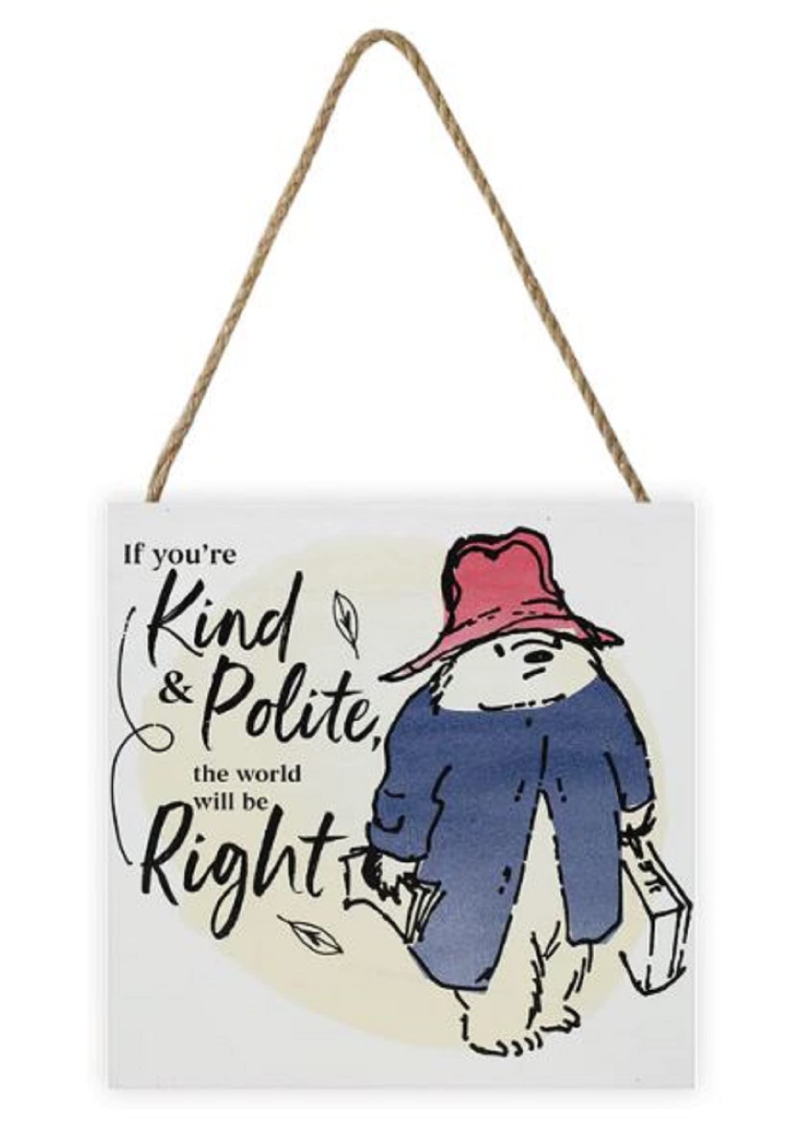 Pyramid International Paddington Bear Artwork (Kind and Polite Design) 20cm x 20cm x 3cm Woodblock with Hanging Cord - Official Merchandise ​ c, Blue,Gold,Red