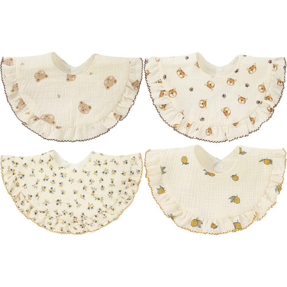 SZJIAHTM 4 Pack Of baby Toddler Soft Cotton Vintage Flower Print Feeding Drooling Breathable Bibs Adjustable Snap Teething Bibs For boys Girls 0-18 Months