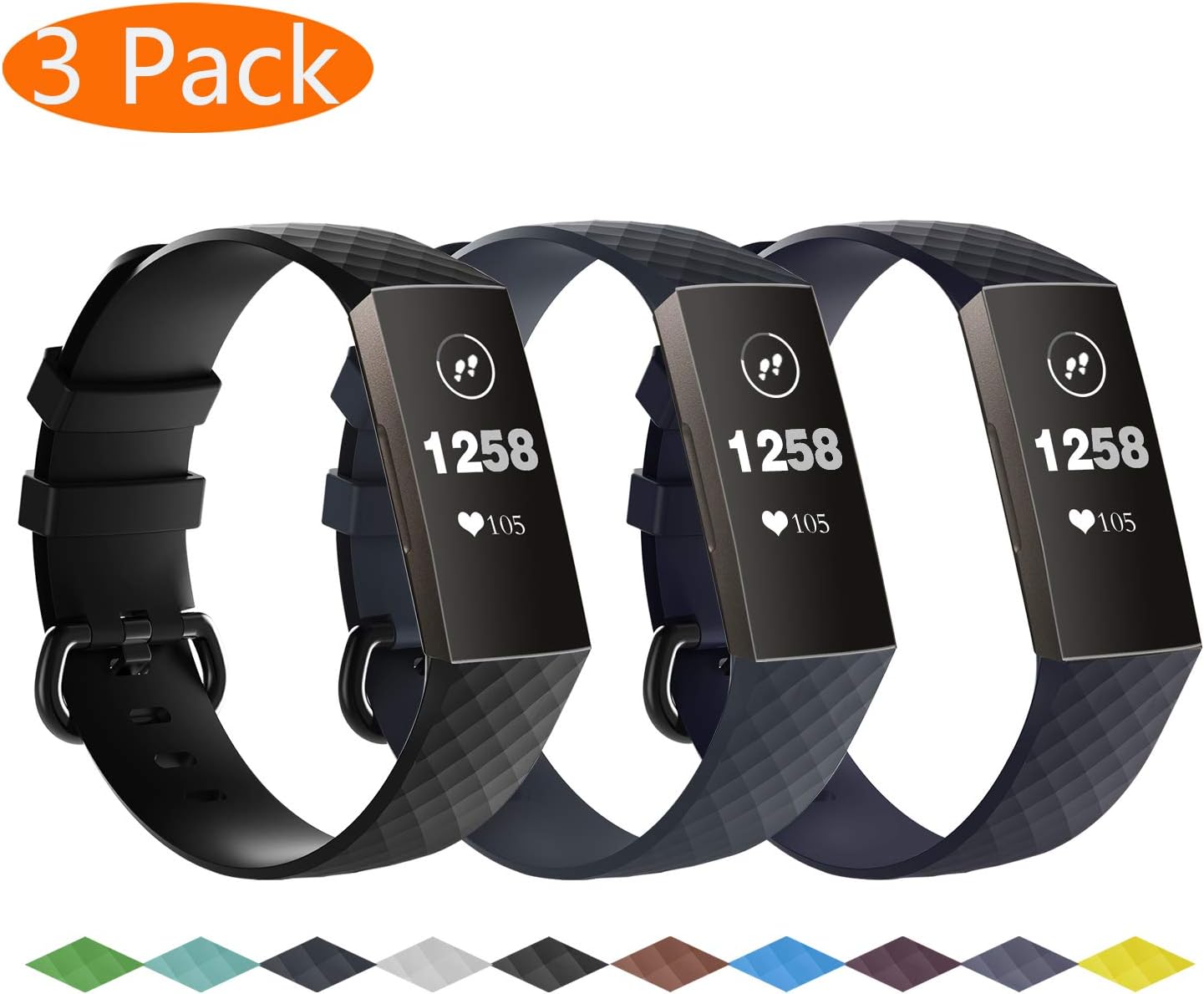 KingAcc 3 Pack Compatible with Fitbit Charge 3 Bands and Charge 4, Adjustable Replacement Soft Silicone Wristbands for Fitbit Charge 3 & Fitbit Charge 4 for Women Men Small Large