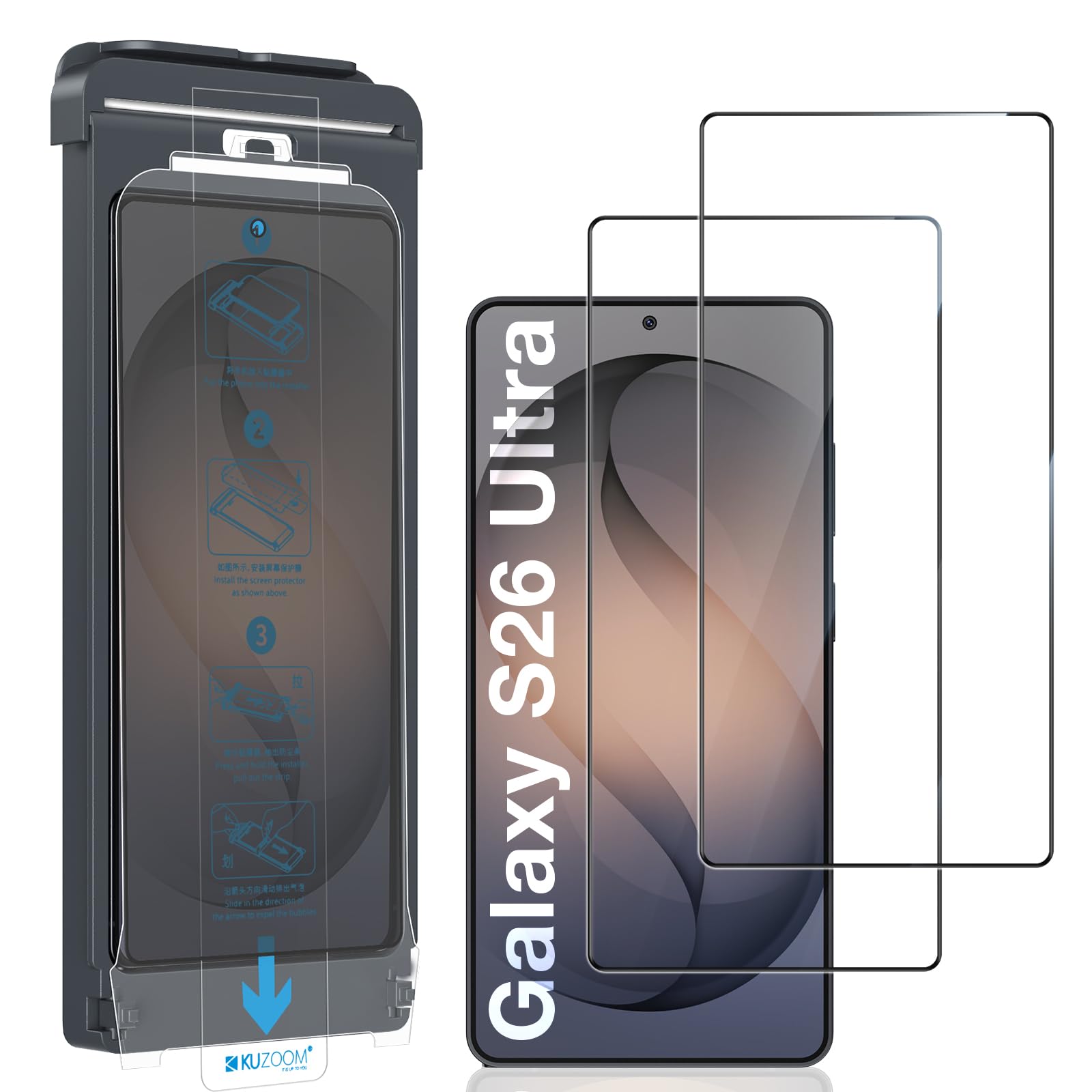 KUZOOM 2 Pack HD Screen Protector for Samsung Galaxy S26 Ultra [6.9 Inch], High Definition Clarity 9H+ Tempered Glass Shatterproof Anti-Scratch Protective Film with Auto-Alignment Installation Frame