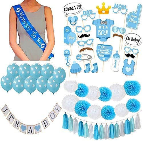All-in-One PACK of 50 PCS Baby Shower Decoration For Boy Set Party Favors Masks Photo Booth Props It's a Boy Theme Banner Sign Blue Polka Dot Balloons | INCLUDED Pom Poms & Tassels