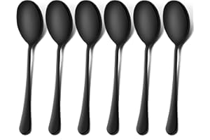 LIANYU Black Serving Spoons Set of 6, 9.8 Inch Stainless Steel Large Dinner Buffet Catering Banquet Serving Spoons, Mirror Fi