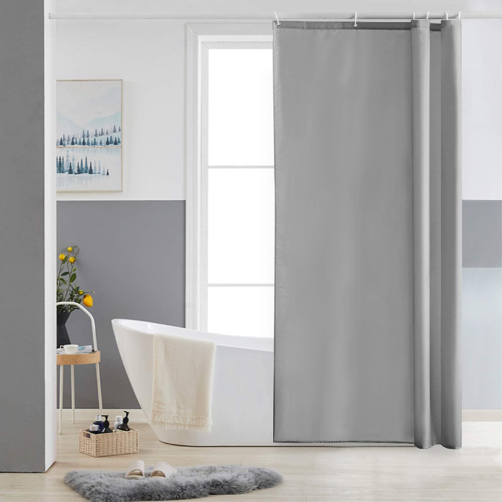 Furlinic Grey Shower Curtain Anti Mould Resistant Waterproof Bathroom Curtains Washable Polyester Fabric 90x180cm with Weight Tape for Bath Wet Room 35x72 Inch.