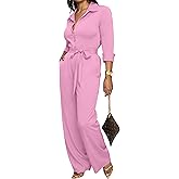 FANDEE Womens Dressy Jumpsuits Casual One Piece Outfit Button 3/4 Sleeve Drawstring Waist Wide Leg Long Pants Romper