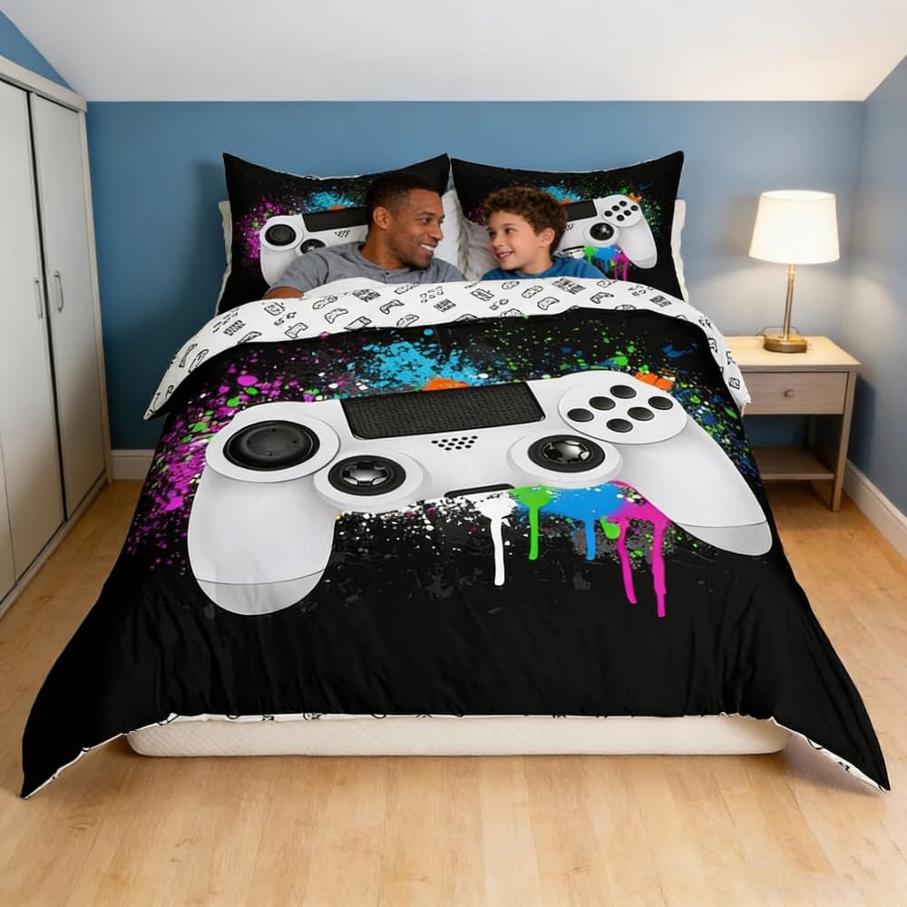 Homemissing Gaming Duvet Cover Boys Gamer Bedding Set White Video Game Gamepad Bedding & Linen For Teens Kids Child Colorful Tie Dye Modern Game Controller Bedding & Linen Single Size