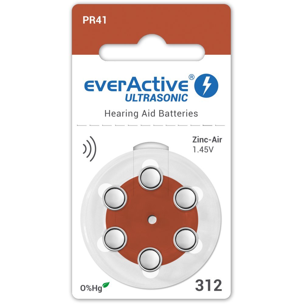 everActive 6 Pack Hearing Aid Batteries High Performance Zinc Air Batteries 1 Blister Card 4 Year Shelf Life Brown Ultrasonic PR41 EVHAB312