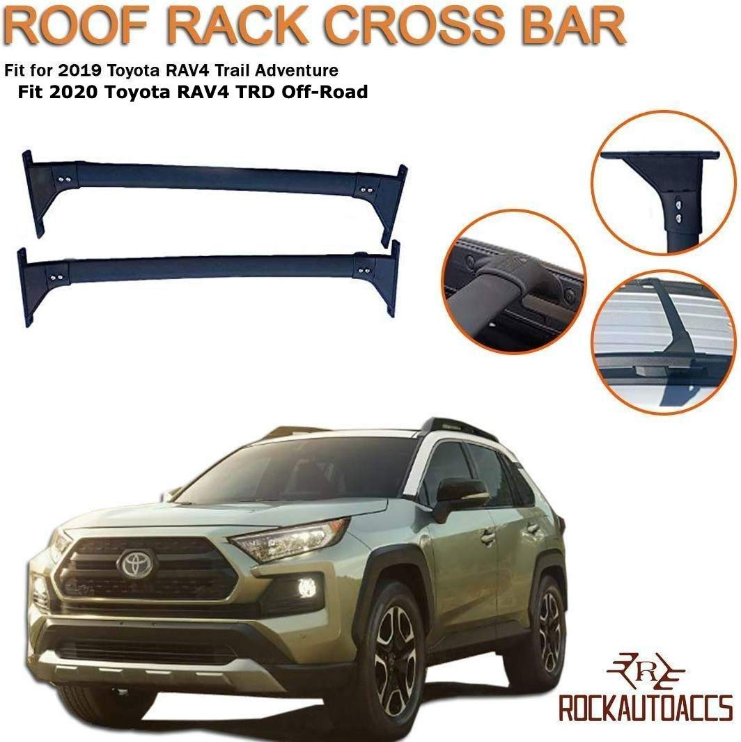 Roof Rack Crossbars Side Rail Cross Bar Fits 2019-2020 Toyota RAV4 Adventure TRD Off-Road | Mounted on Factory Raised Roof Rails | Premium Aluminum Brackets and Enhanced Bars for Cargo Box – Black