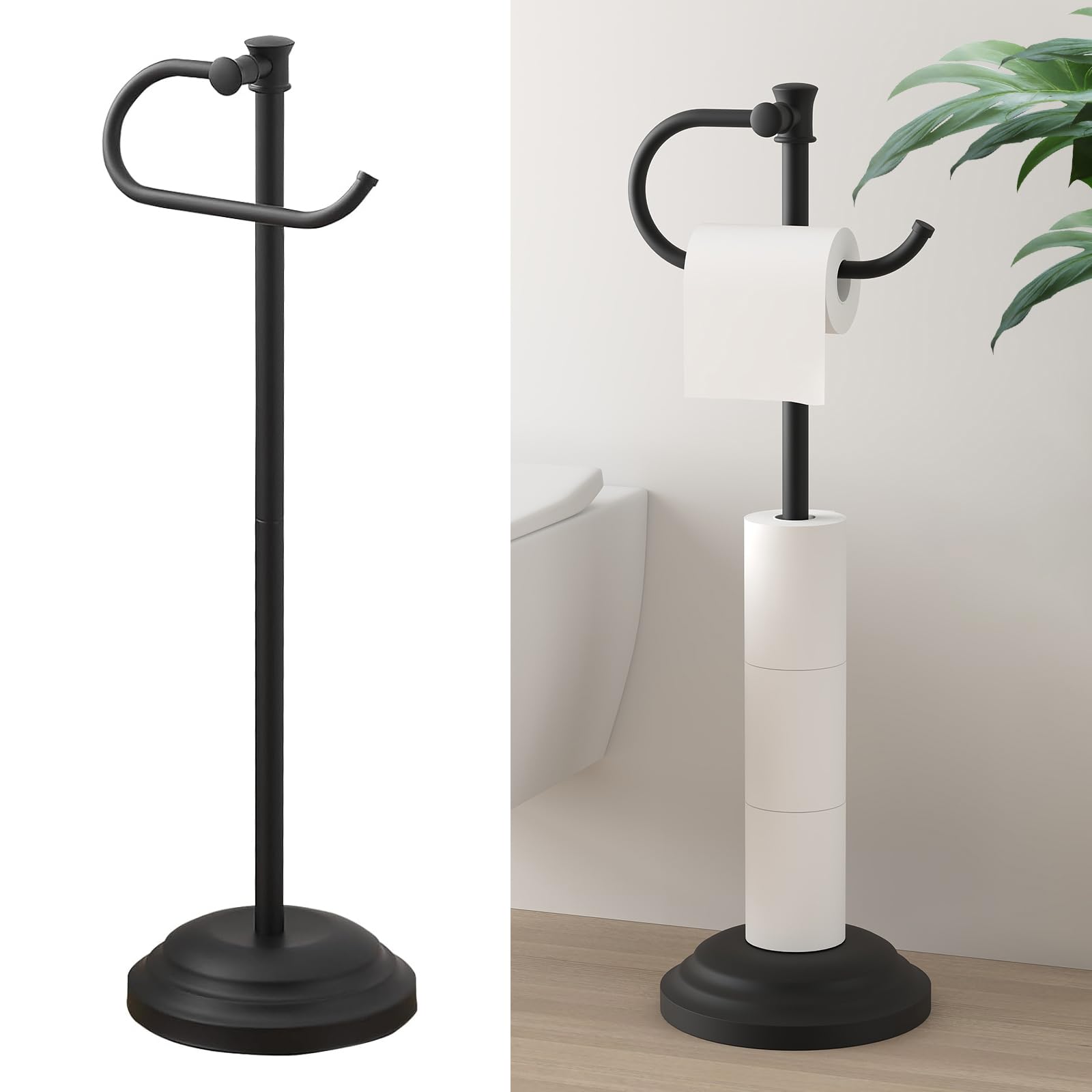 Photo 1 of Hoimpro 25" Toilet Paper Holder Free Standing, Floor Bathroom Toilet Paper Tissue Roll Holder with Shelf Stand for 4 Rolls, with Storage, Freestanding Handle Hardware Accessories Rack Matte Black