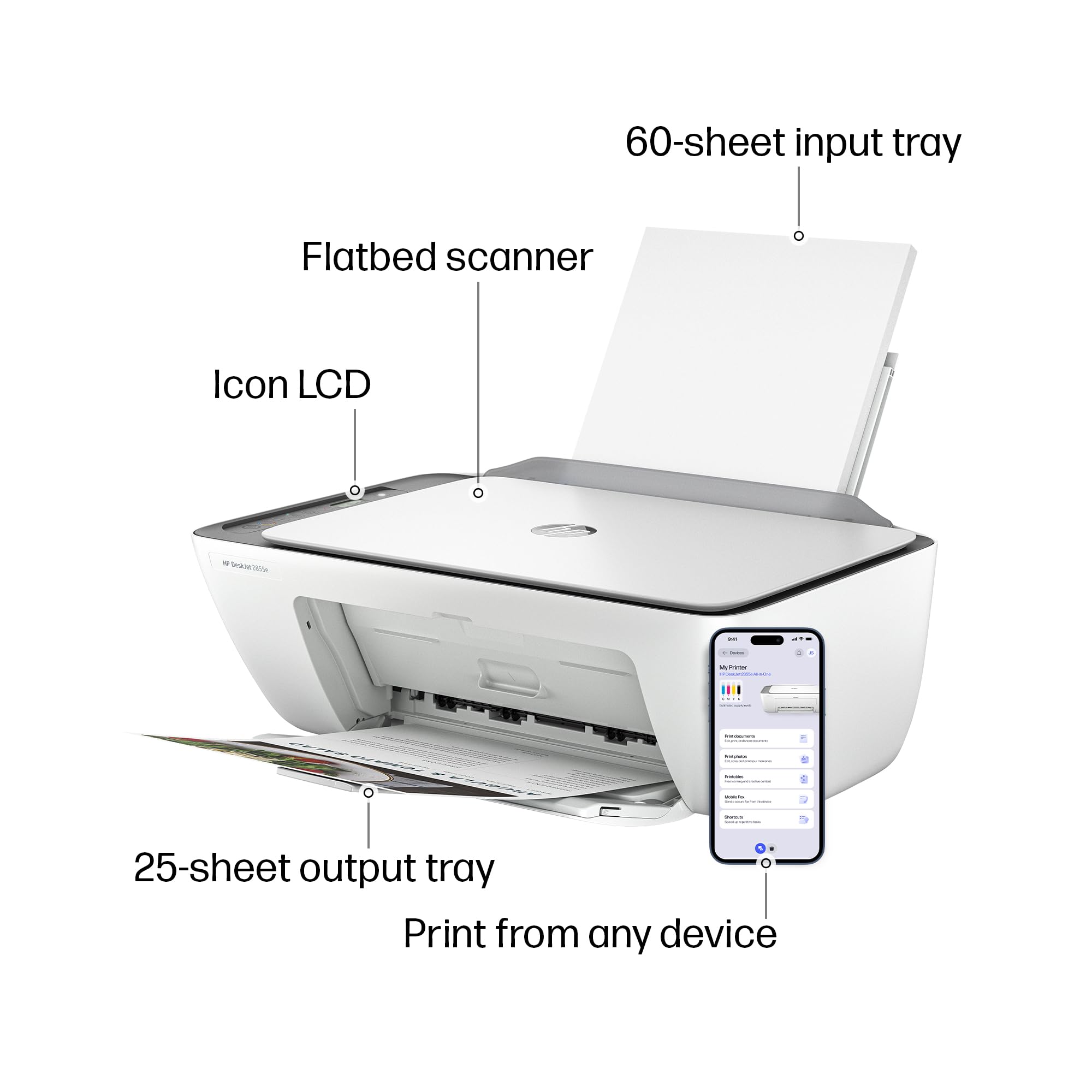 HP DeskJet 2855e Wireless All-in-One Color Inkjet Printer, Scanner, Copier, Best-for-home, 3 month Instant Ink trial included, AI-enabled (588S5A)