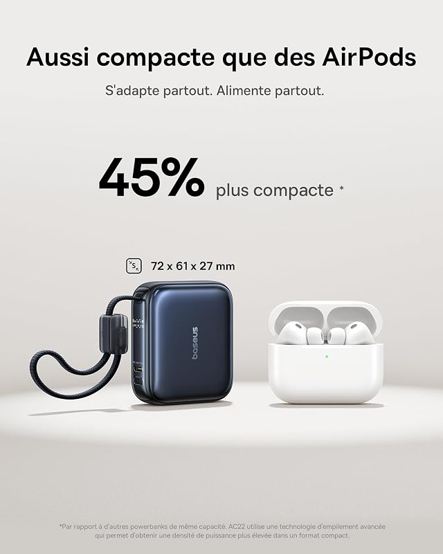 AC22 Mini Powerbank 10000mAh, 45W PD Power Bank Compacte avec Câble USB-C Intégré, Batterie Externe de Poche pour iPhone 17/16/15 Pro Max, Samsung S26/S25 Ultra, iPad, Pixel 10/9