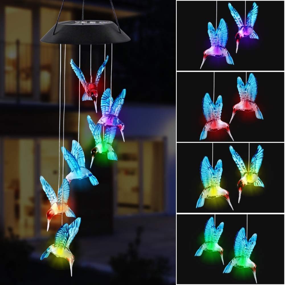 MorTime LED Solar Hummingbird Wind Chime, 25" Mobile Hanging Wind Chime for Home Garden Decoration, Automatic Light Changing Color (Blue) : Garden & Outdoor