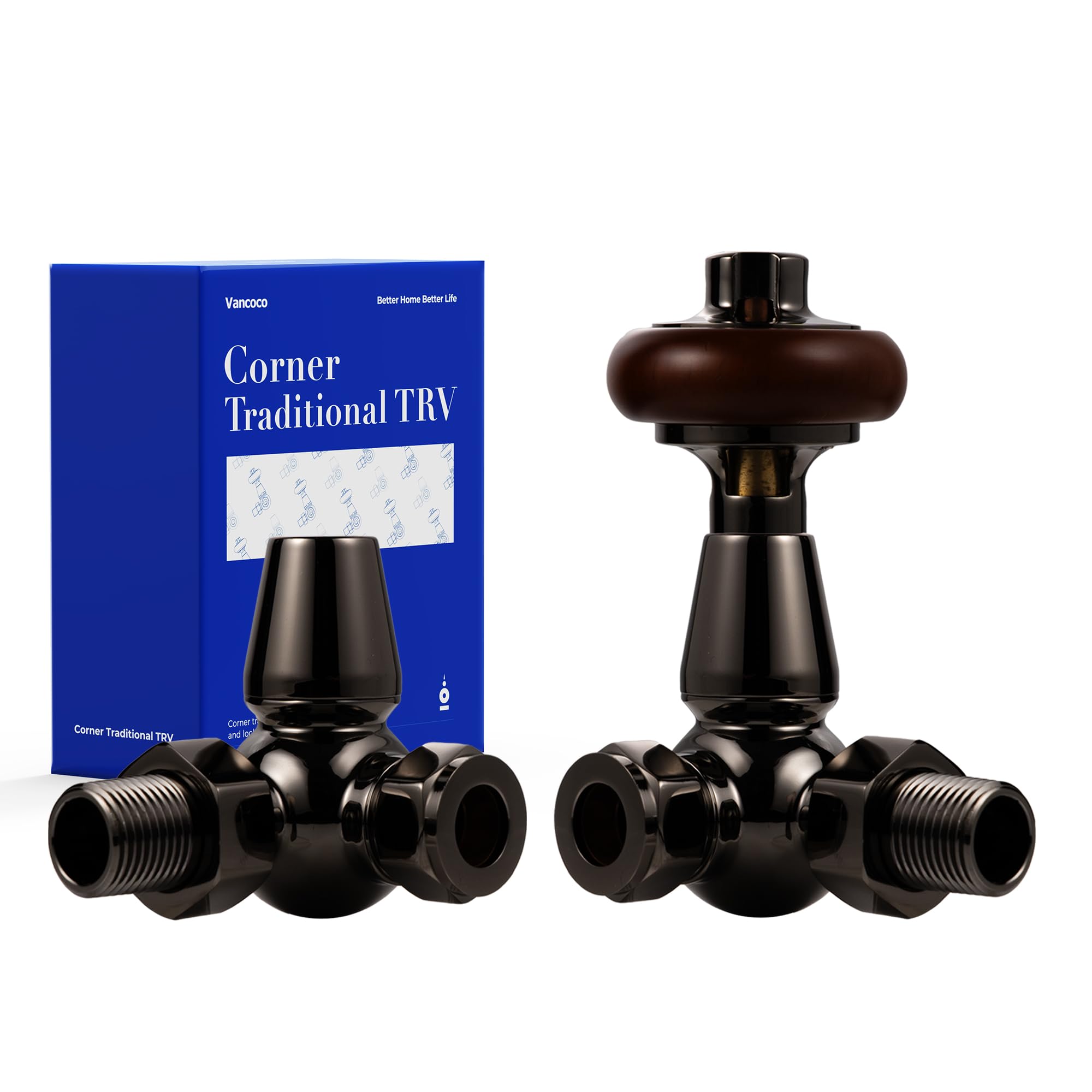 VANCOCO Traditional Black Nickel Corner Radiator Valve & Lockshield 1/2"×15mm, Thermostatic TRV Pair for Cast Iron or Modern Radiators with Solid Wood Handwheel