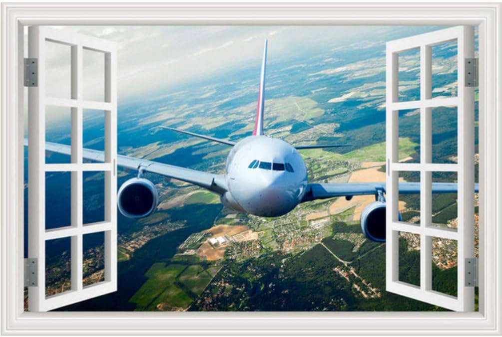 Mddjj 3D Wall Sticker Landscape Wallpaper Airplane Decal Vinyl Wall Art Mural Large Window View Blue Sky Home Decor Living Room DIY Kids Rooms Baby Wall