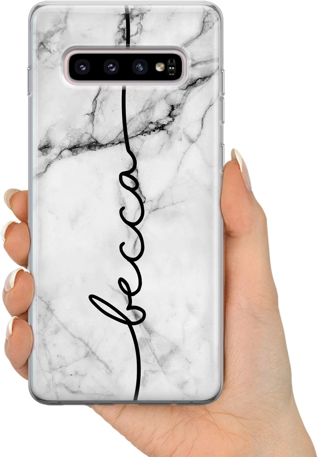TULLUN Personalised Phone Case for Samsung Galaxy S8 - Clear Soft Gel Custom Cover Grey Black Marble Individual Style Initials Name Text - Vertical Name