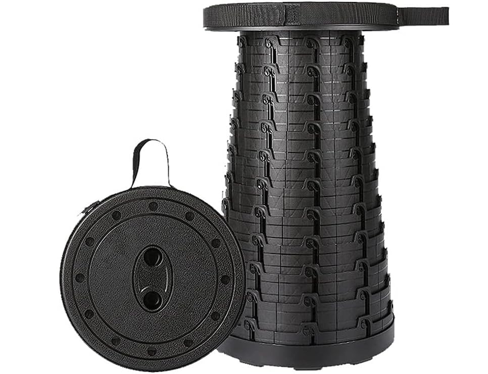 JUVEL Portable Folding Stool – Home Folding Camping Chair, Portable Telescopic Stool, Lightweight Height Adjustable and Handle – for Kitchen, Hiking, Outdoor Fishing, Garden, Travelling (Black)