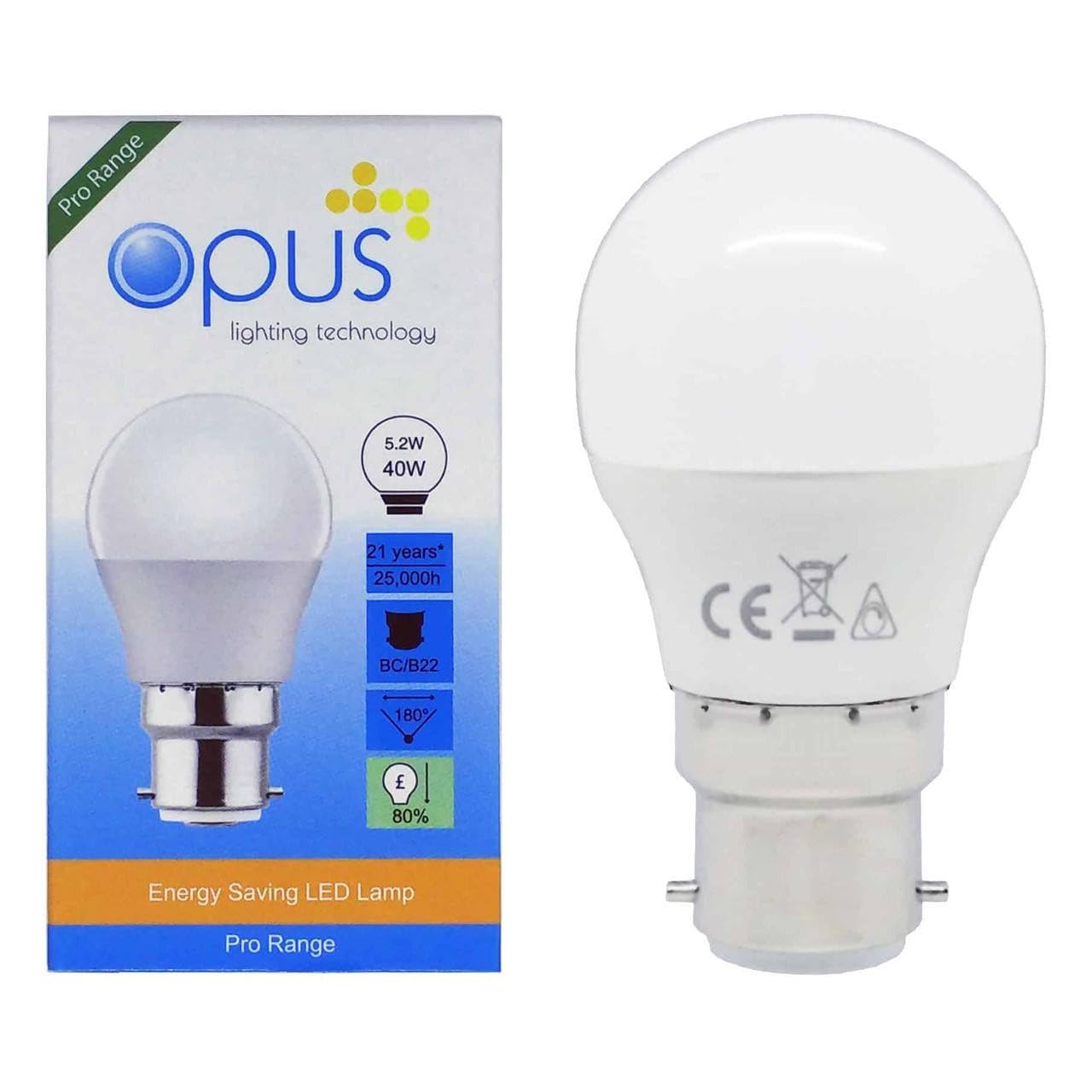 Opus 5.2watt Golfball LED BC B22 Bayonet Cap Warm White Equivalent to 40watt Dimmable