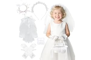 HWING 6 Pcs Flower Girl Basket for Weddings - Flower Girl Proposal Gifts Set for Weddings Ceremonies Bridal Shower - Hair Accessories, Pearl Bracelet, Bow Lace Veil, White Gloves, White Rose Petals