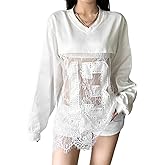 IMXPW Lace Jersey Shirts for Women Number Print Cute Summer Tops Casual Sheer Short Sleeve Oversized Tshirts Streetwear