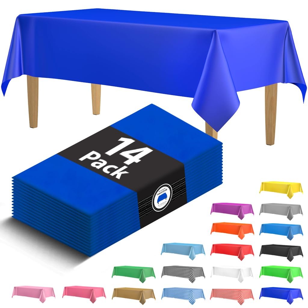 Photo 1 of 14 Pack Premium Blue Plastic Tablecloth - 54 x 108 in. Disposable Rectangle Plastic Table Cloth - Decorative Rectangle Table Cover Smooth Tablecloth - Disposable Tablecloths For Parties, Weddings