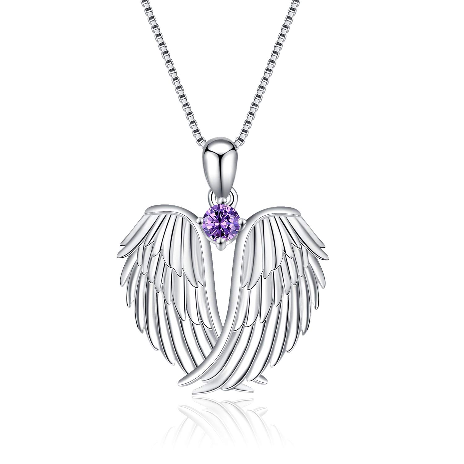 VONALA Guardian Angel Wings Necklace Sterling Silver Pendant with Sparkle Cubic Zirconia Jewellery For Women Girls Birthday Gift Birhstone February