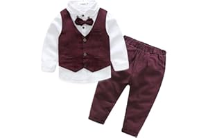 KIMOCAT Boys 3Pcs Clothing Sets Cotton Long Sleeve Bowtie Shirts +Vest +Pants Casual Suit