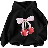 WDIRARA Women's Cherry Graphic Hoodie Long Sleeve Hooded Sweatshirts Cute Pullover Tops