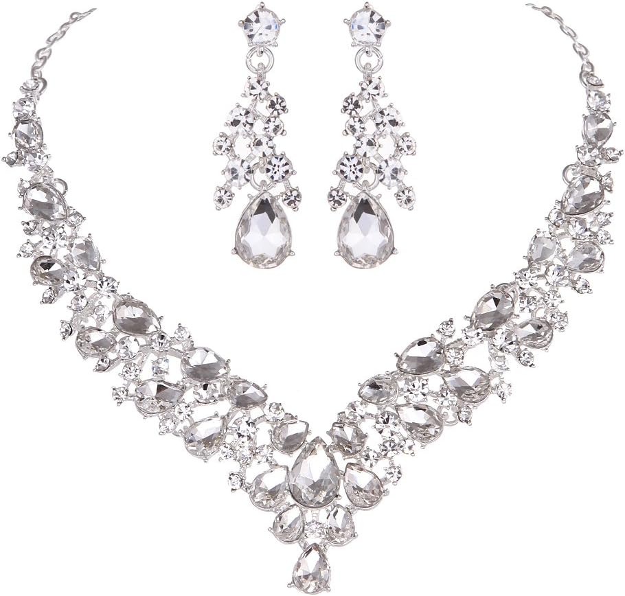 Austrian Rhinestone Crystal Wedding Gown Prom Ball Necklace Earrings Jewelry Set for Brides Dress