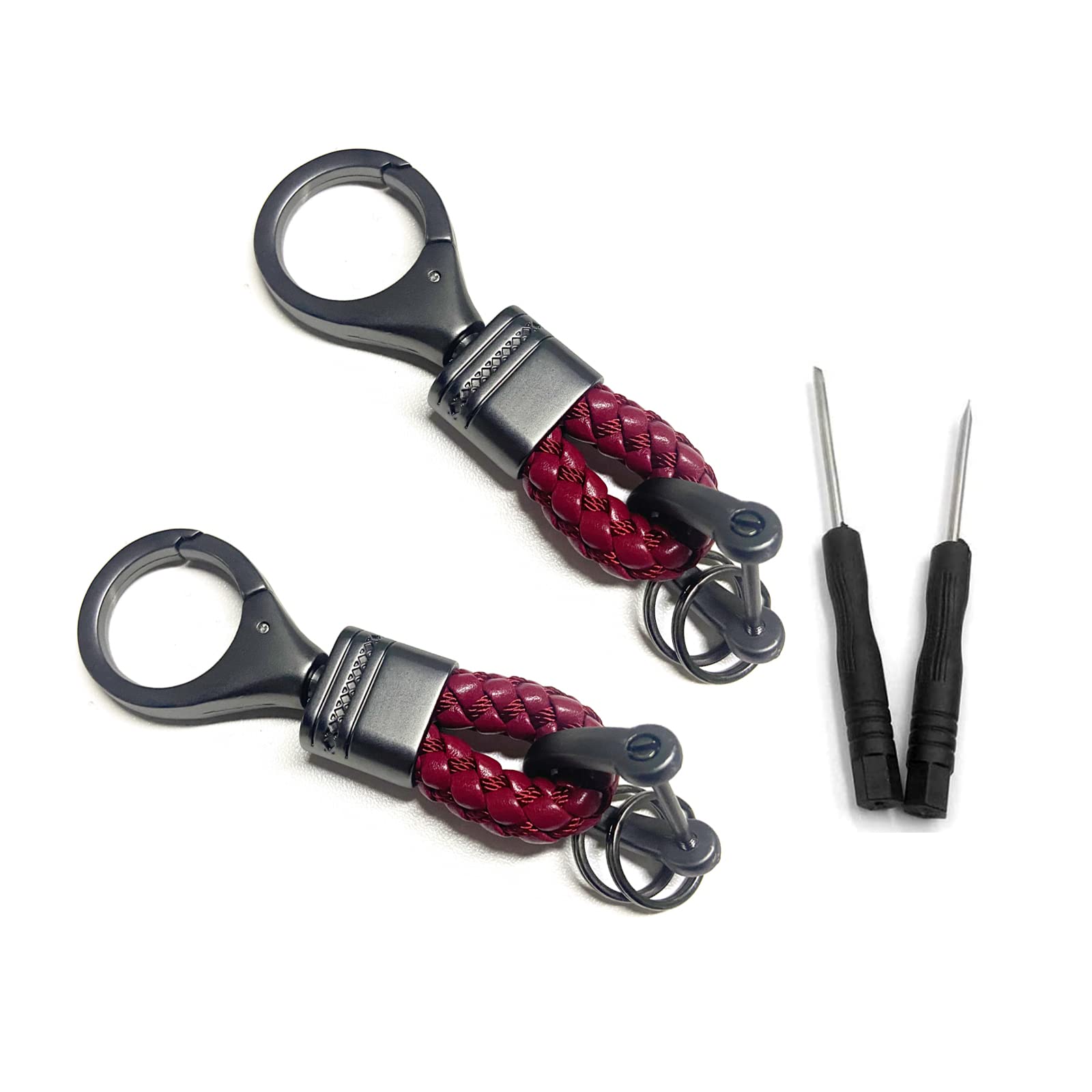 BuxiuGK 2 Piece Braided PU Leather Keychain Strap Keyring with Zinc Alloy for Car Office Home Keys,Red2