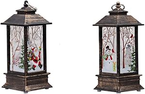 Awolf Christmas Lantern, Vintage Flame Effect LED Lantern, Battery Operated Christmas Scene Lanter for Christmas Decoration and Gift (2pcs)