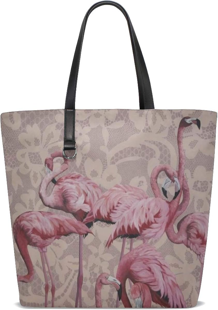 Pink Flamingo Retro Flowers Double Side Print Black Tote Bag Purse Handbag for Women