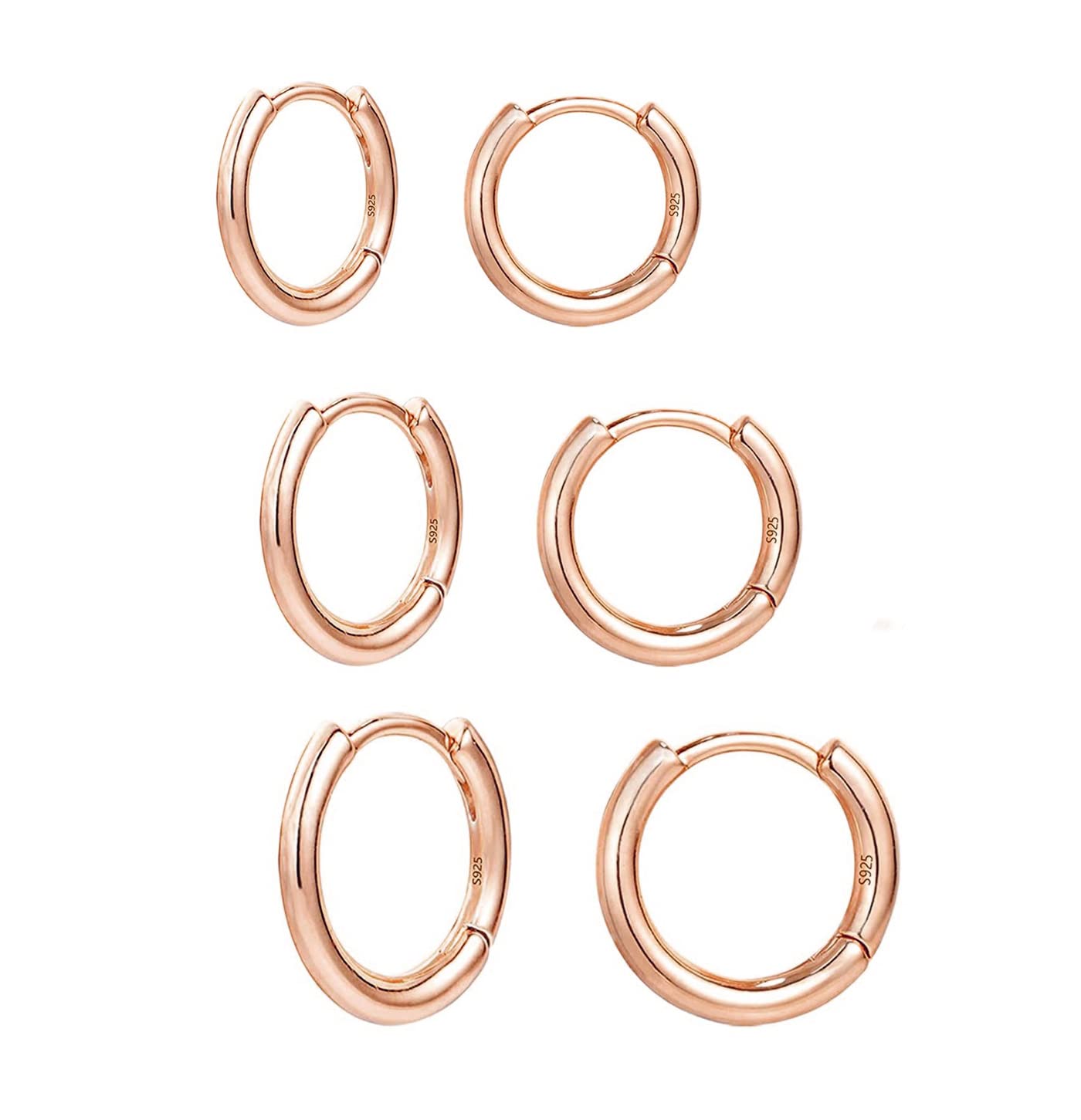 Baobei Elegant Classic rose gold plated 925 Sterling Silver Small huggie hoop earring Sets For Women Girls, birthday Gift 10,12,14mm (sets of 3 pairs)