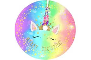 JIEKENMO Christmas Gold Unicorn Princess Face Rainbow Pink Blue Yellow 36 Inch Christmas Tree Skirt Carpet Mat Funny Party Soft Cover Mat Decor Supplies for Xmas Halloween Decorations Occasion Farmhouse