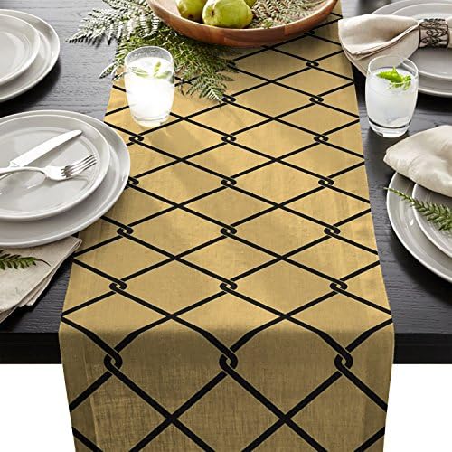 Crystal Emotion Table Runner Linen,Classic Moroccan Tile Quatrefoil Ombre Lattice,Yellow Black Decorative Burlap Tablecovers Flax Tablecloths 13x90inch