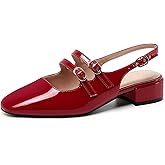 Mostrin Mary Jane Shoes Women Slingback Chunky Low Heels for Women Closed Rounded Toe Ankle Strap Pumps Daily Wedding Party Dress Shoes