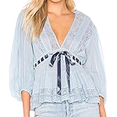 Womens Lace Tie Front Long Puff Sleeve V Neck Ruffle Peplum Top Button Babydoll Going Out Y2k Crop Blouse Shirt Top