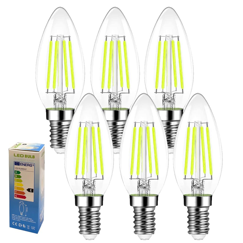 Golopatop C35 E14 LED Filament Candle Light Bulbs, 4W 6500k Cool White E14 LED Light Bulb Daylight C35 SES Small Edison Screw Bulbs, 40W Equivalent, Non Dimmable,Pack of 6 — image 1