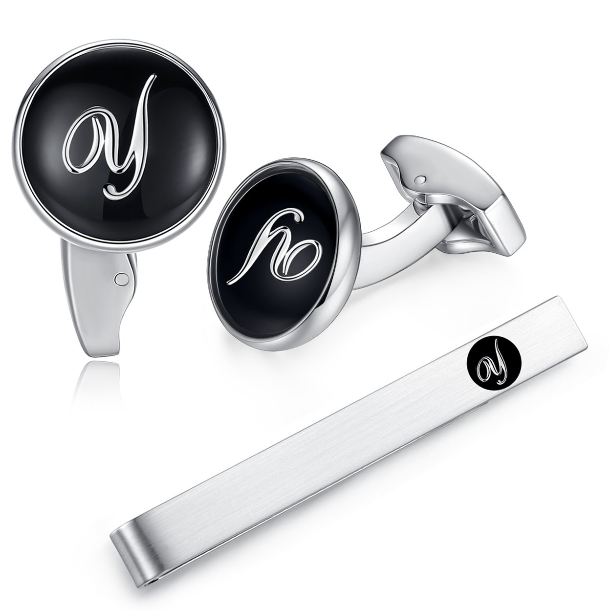 HONEY BEAR Initial Alphabet Letter Cufflinks Tie Clip Set for Mens - Black Round Stainless Steel, for Business Wedding Gift A - Z (Y)